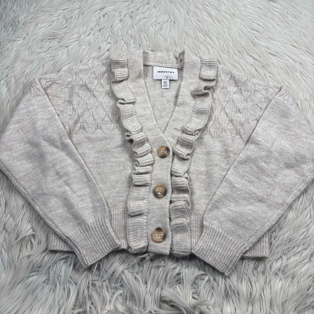 Industry Women's M Oatmeal Ruffle‎ Trim Cropped Cardigan Cottagecore Coquette